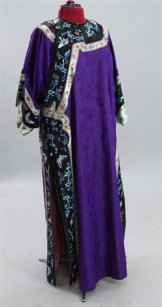 A Chinese embroidered purple satin robe, drop 4ft 6in approx.